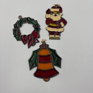 Set 3 Vintage Plastic Stained Glass Christmas Holiday Ornaments